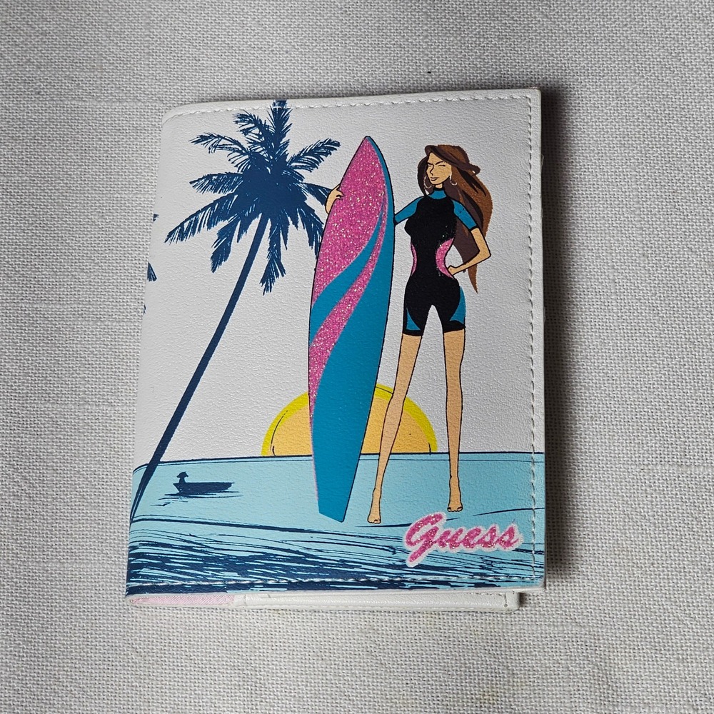 Guess White Passport Holder Wallet Beach Surfer Girl Glitter Pink Palm Tree